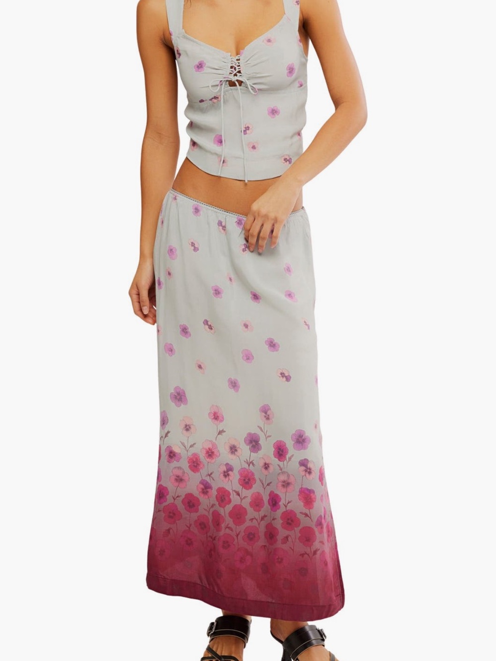 Free People of the season Cream Midi Skirt and top with Pink Floral Ombre set